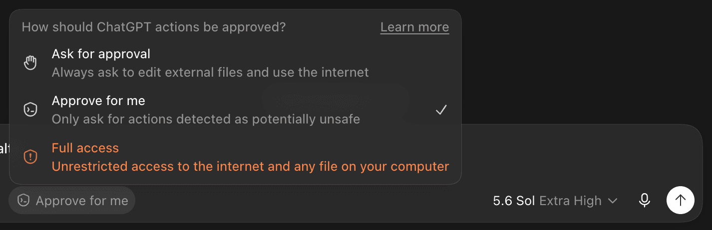 Menu de aprovações do Codex com a opção Approve for me selecionada e Full access desmarcada