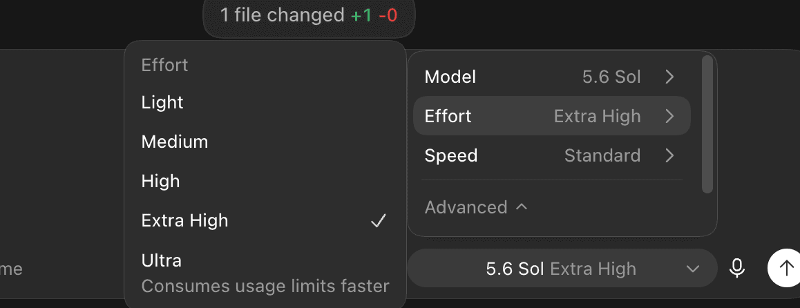 Seletor do Codex mostrando modelo 5.6 Sol, esforço Extra High e velocidade Standard